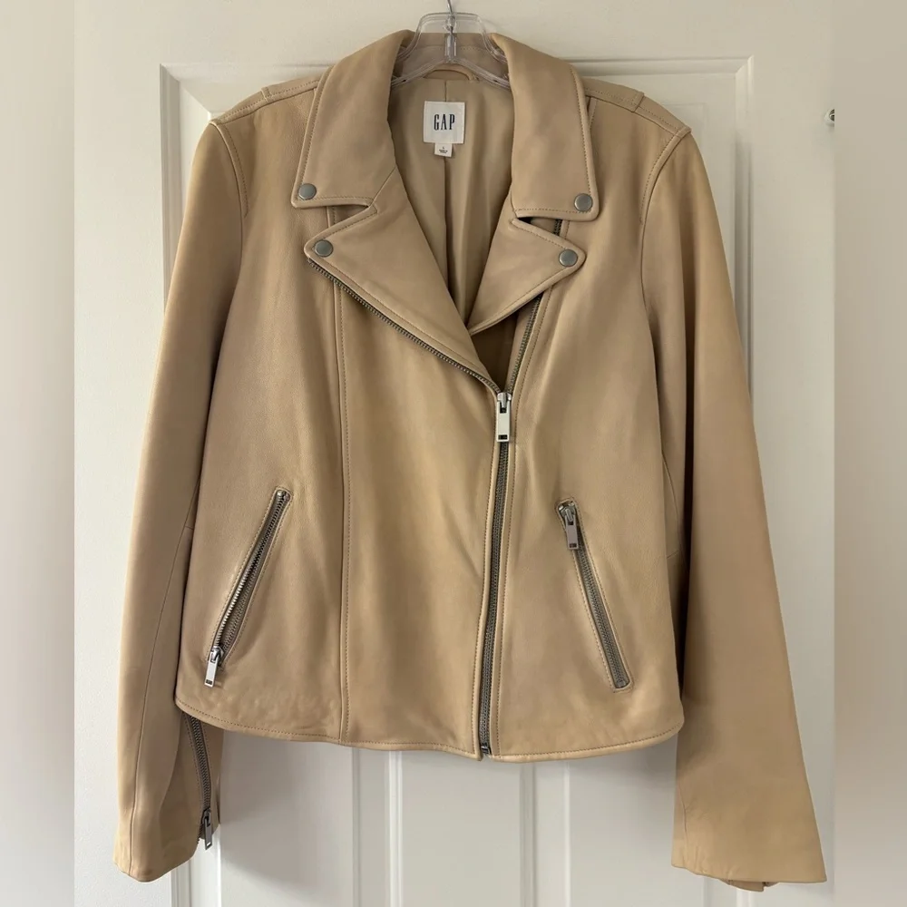 GAP Women's Beige Leather Biker Jacket (L) - Picture 2 of 8